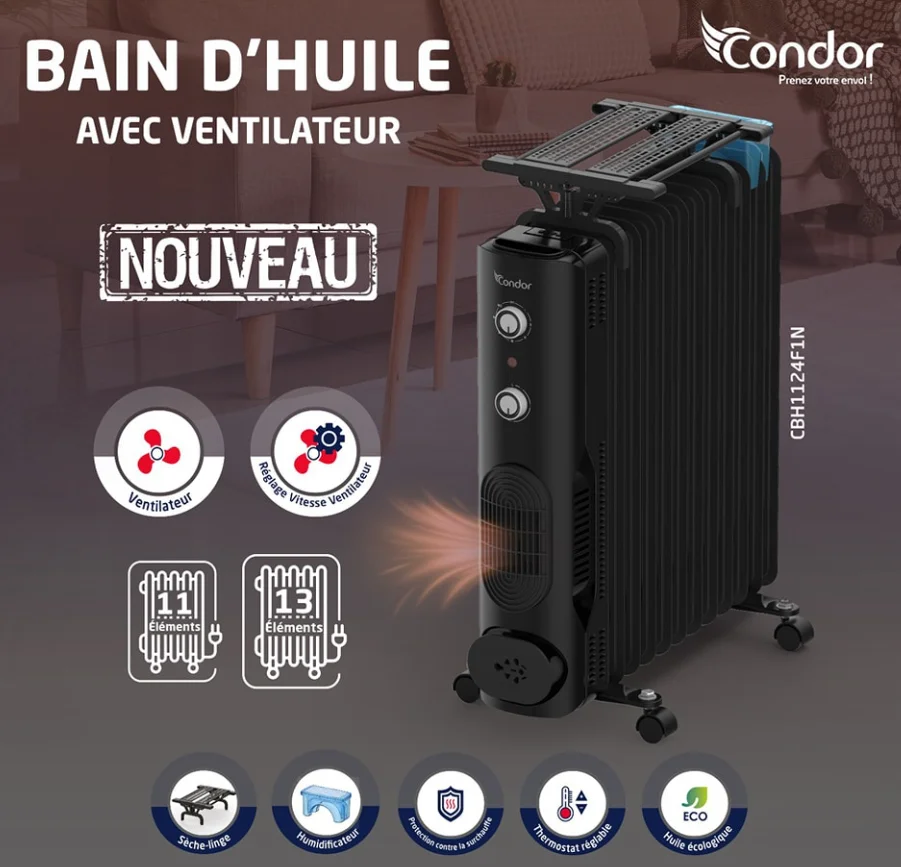 BAIN DHUILE 13ELEMENT CONDOR 2600W+VENTILO/NOIR